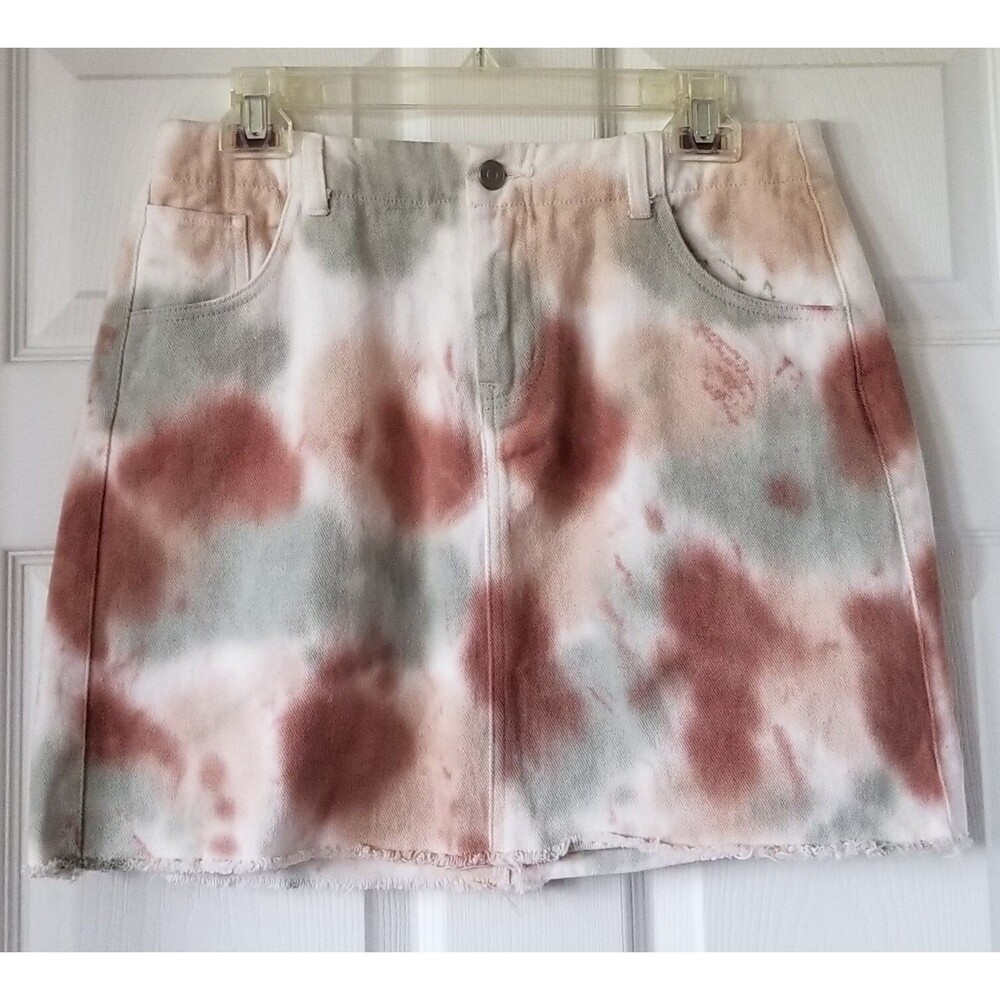 PEACH LOVE CALIFORNIA Multi Color Tie Dye Denim Skirt Frayed Hem Retro Size L